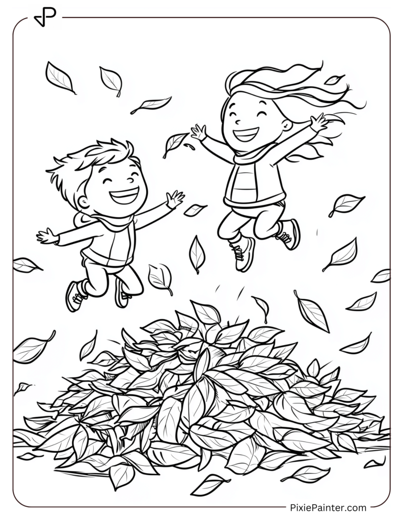 Kids jumping into a pile of leaves on a chilly day