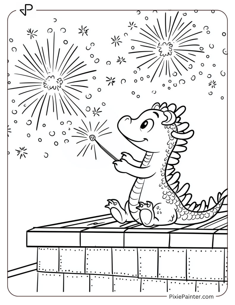 Cartoon Dragon Sitting on a Rooftop Watching Fireworks While Holding a Firecracker