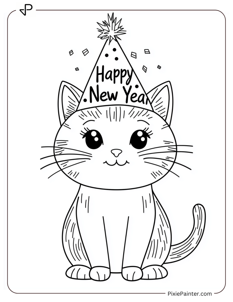 Cute New Year Coloring Pages With A Cat Wearing A Party Hat And Happy New Year