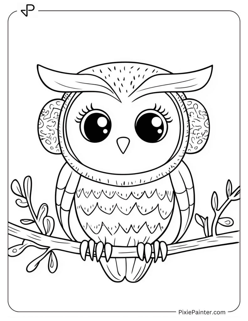 Winter Coloring Pages Where Owl with Earmuffs on a Frosty Branch