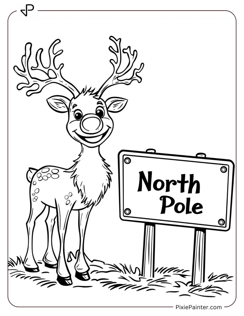 Reindeer Standing Next to North Pole Sign