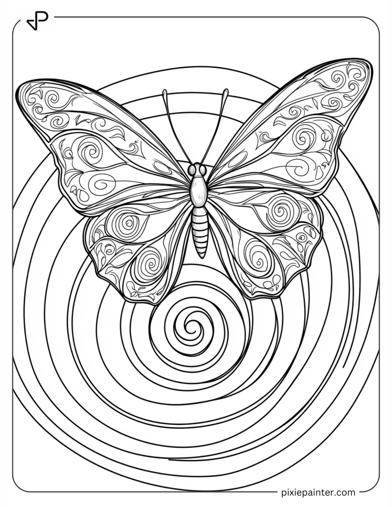 A Butterfly with Swirling Wing Patterns Flying in a Spiral