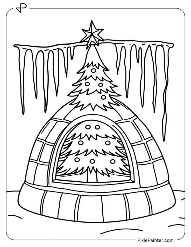 A Christmas tree inside a cozy igloo with icicles hanging outside