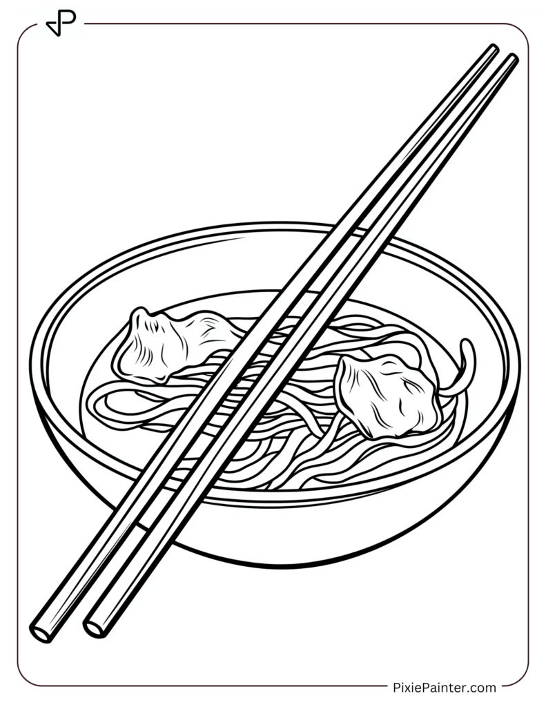 Chinese New Year Coloring Page Where A Pair Of Chopsticks Resting On A Bowl Filled With Steaming Noodles