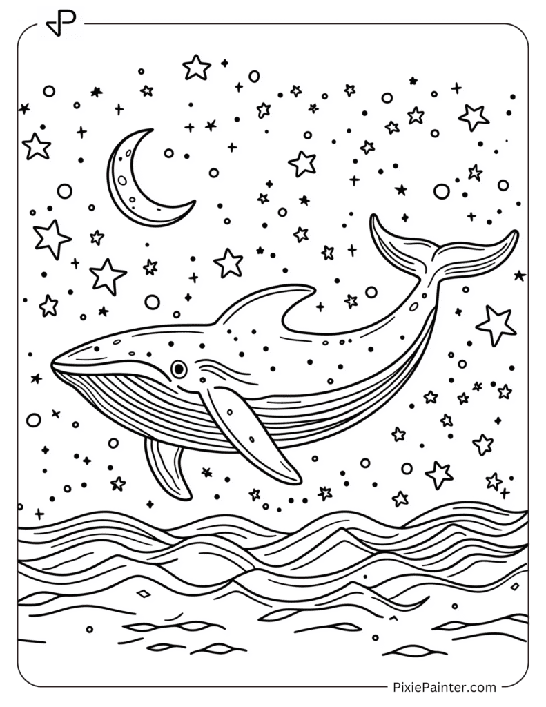 A Whale Surrounded By Small Waves With Stars And Moon In The Night Sky