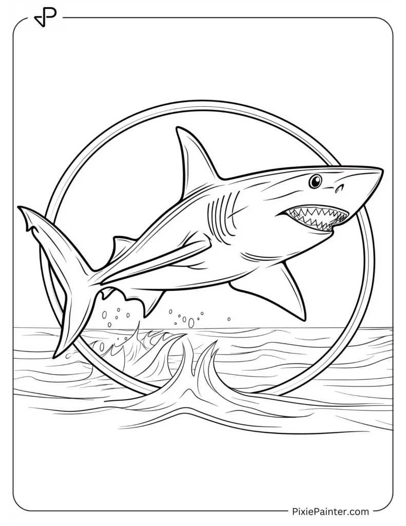 Coloring Page of A Shark Leaping Out of the Water Through a Hoop