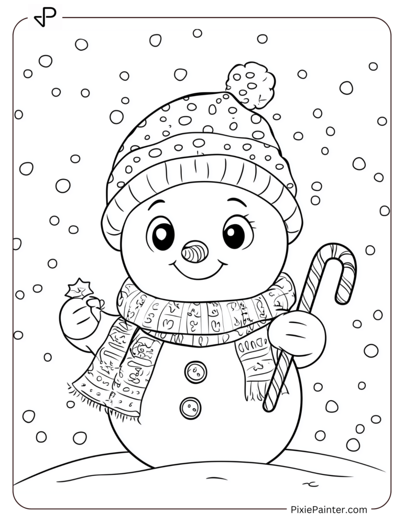 4. Cute Snowman With Candy Cane in Snow Christmas Coloring Pages