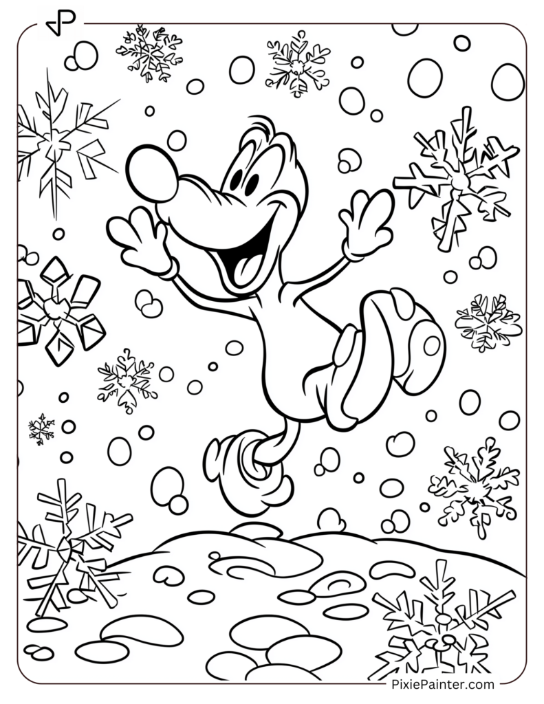 Winter Disney Coloring Page of Pluto Jumping in the Snow with Snowflakes Around Him