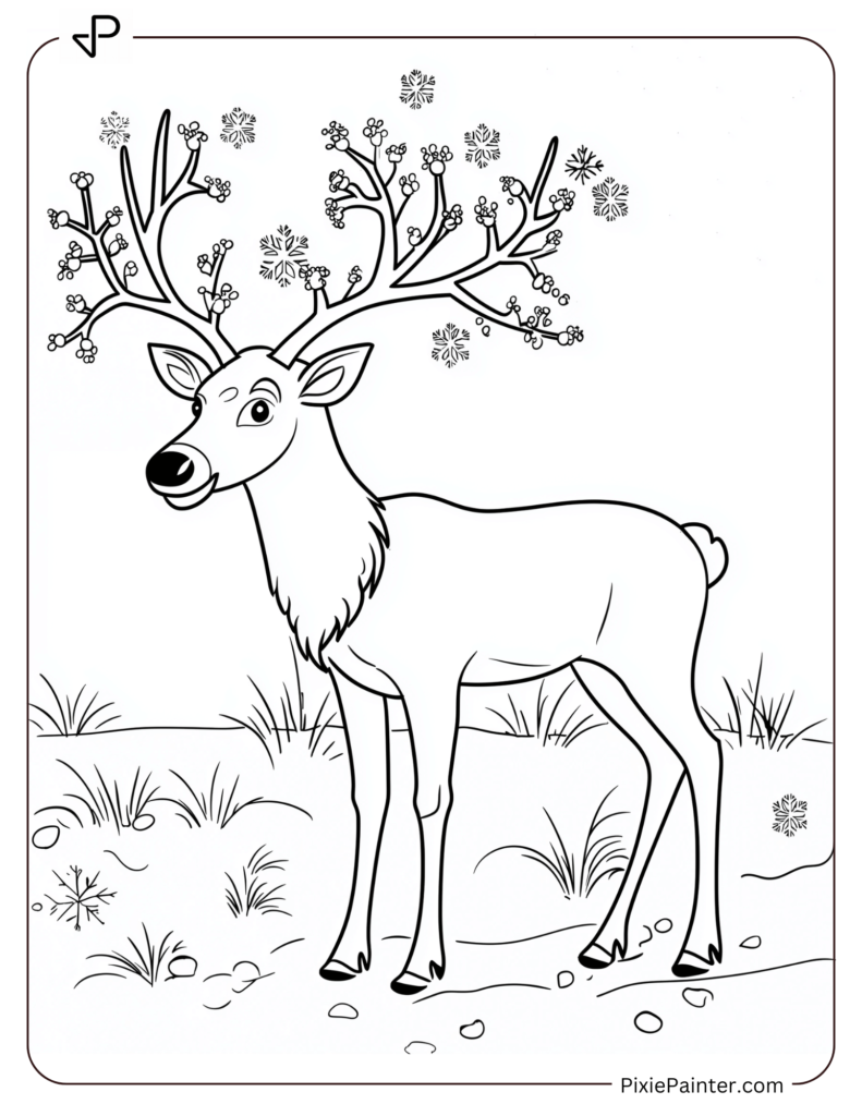 4. Reindeer With Snowflake Antlers In Snowy Field-Winter Wonderland coloring pages