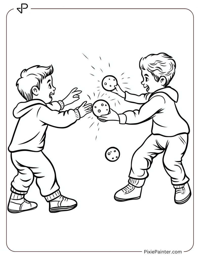 January Coloring Page Where Two Kids Engaged In A Playful Snowball Fight