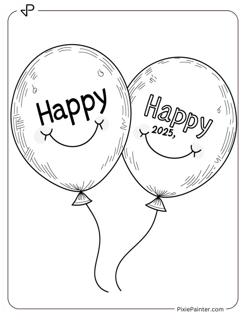 Two Smiling Balloons Labeled Happy and 2025