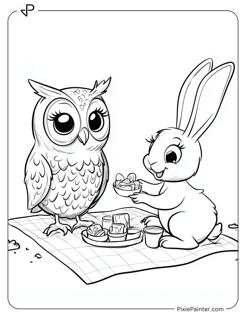 Friendly Owl And Rabbit Sitting On Blanket