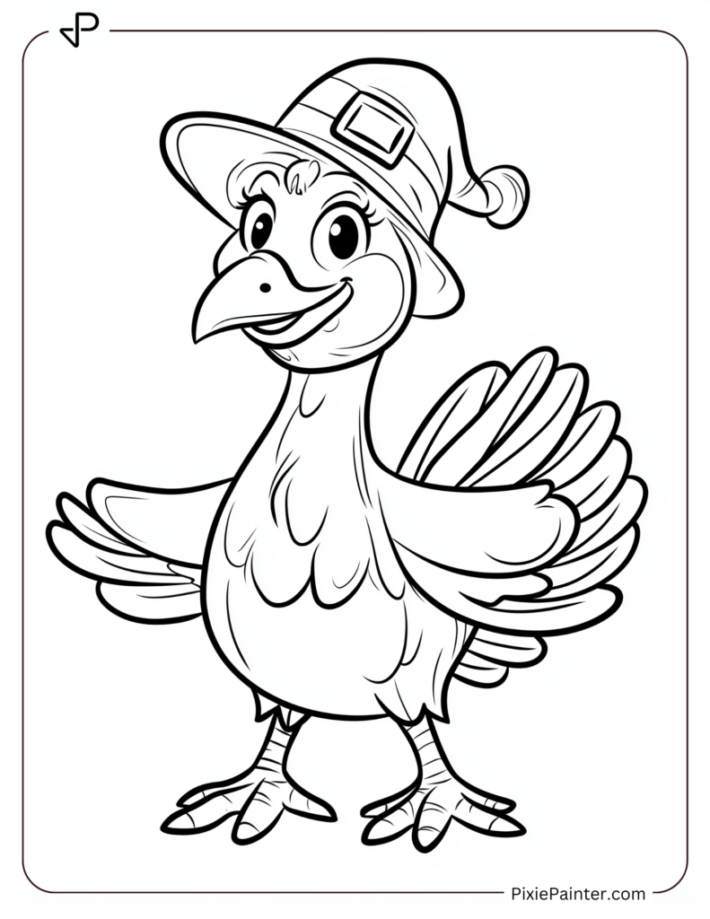 A turkey wearing a pilgrim hat with a cheerful expression