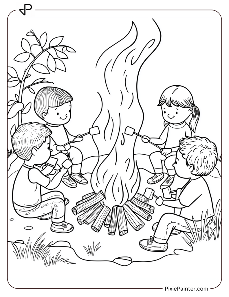 January Coloring Page Where A Group Of Kids Sitting Around A Bonfire, Roasting Marshmallows