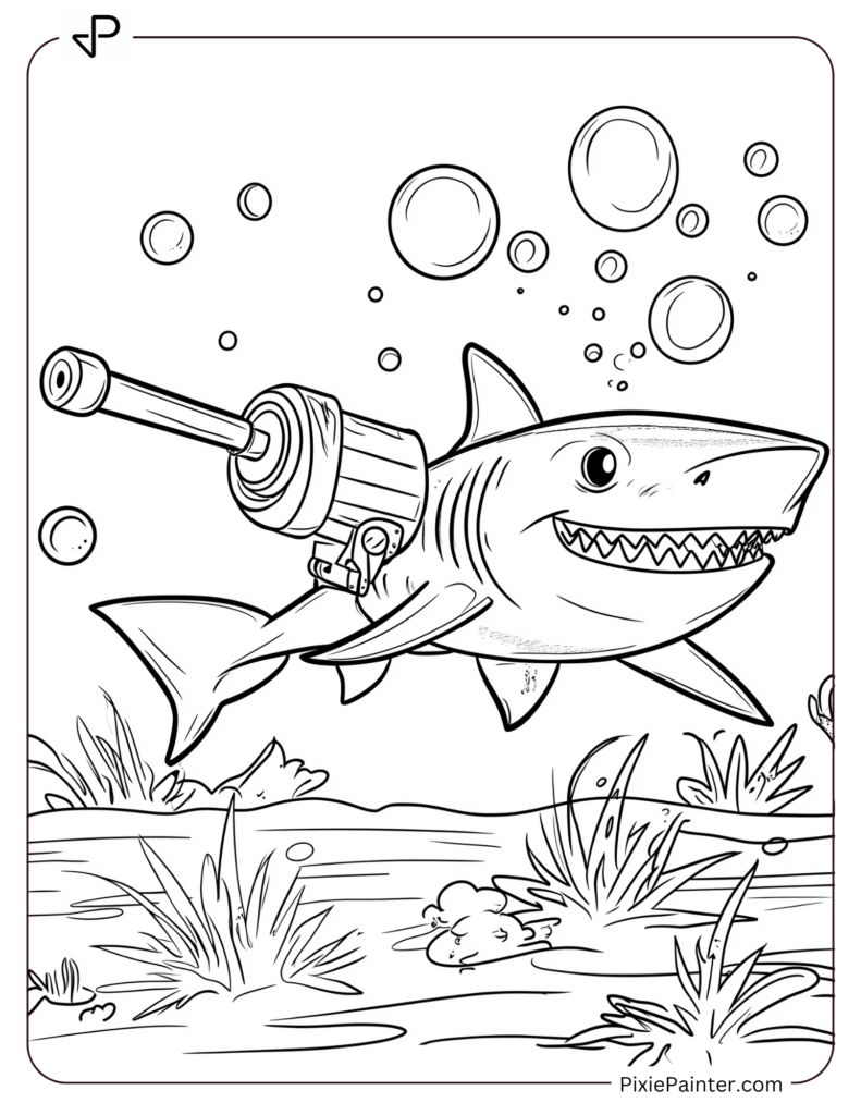 Coloring Page of A Shark Playing With a Toy Cannon That Shoots Bubbles