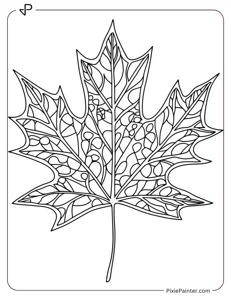 A simple outline of a maple leaf with patterns inside