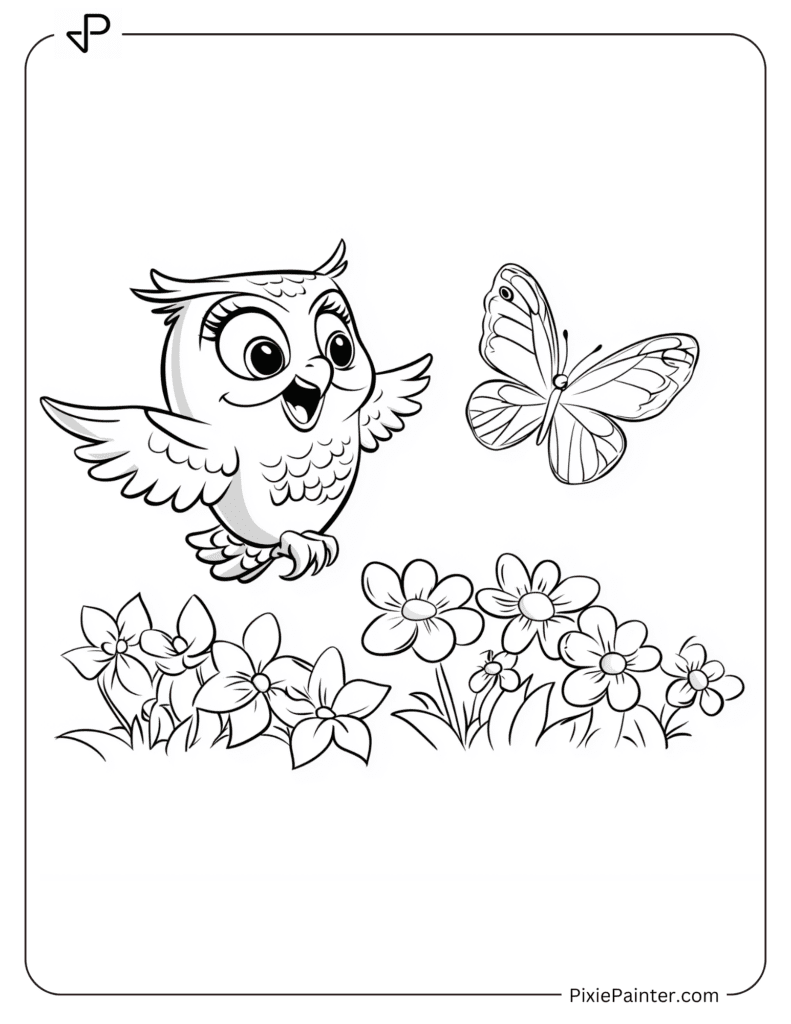 Cute Owl And Butterfly Flying Over Flowers