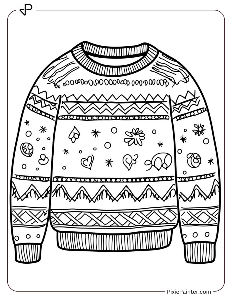 Winter Coloring Page for Adults of A warm knit sweater with fun patterns