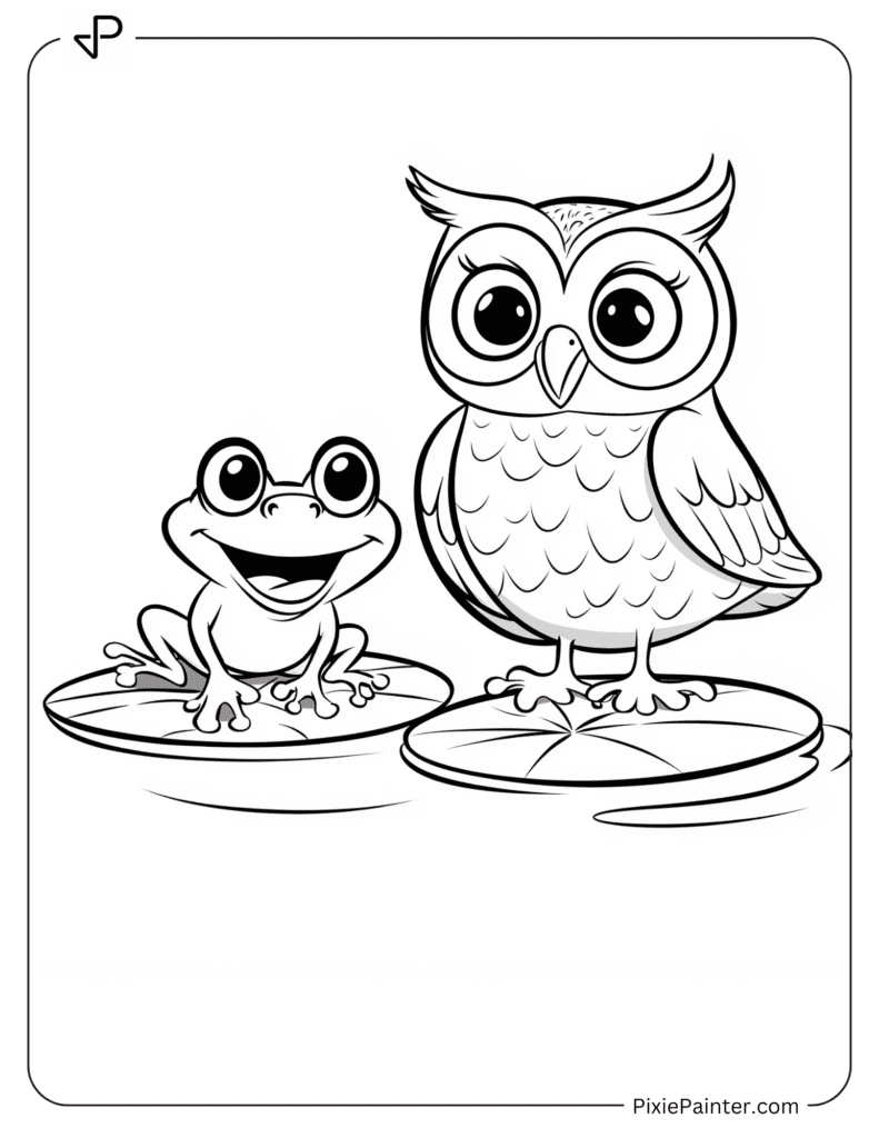 Owl And Frog Hopping On Lily Pads