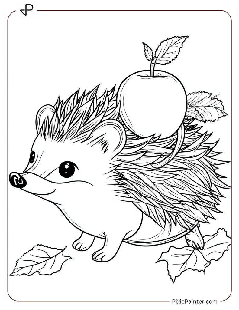 A little hedgehog carrying an apple on its back