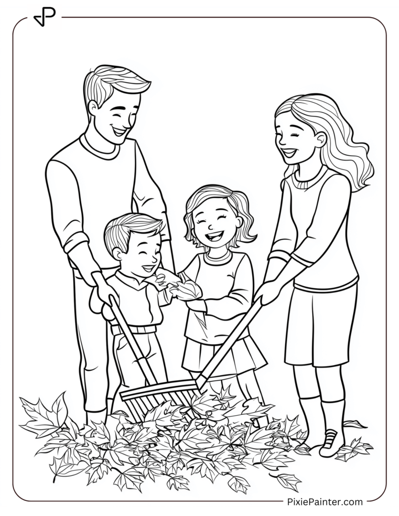 Winter Coloring Page for Adults of A happy family raking leaves together