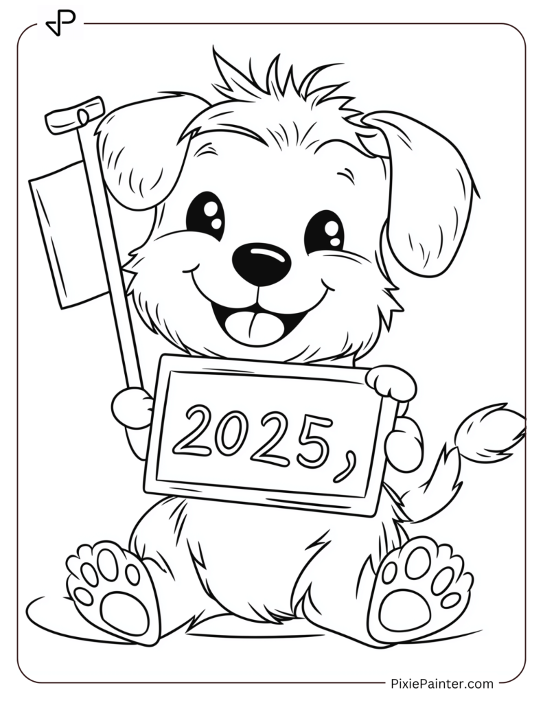 Cute New Year Coloring Pages With A Dog Holding A 2025 Sign