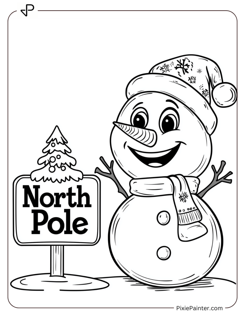 Snowman with a Hat Near North Pole Sign