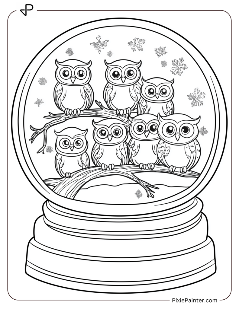 A Group Of Baby Owls Perched On A Snowy Branch Inside A Snow Globe