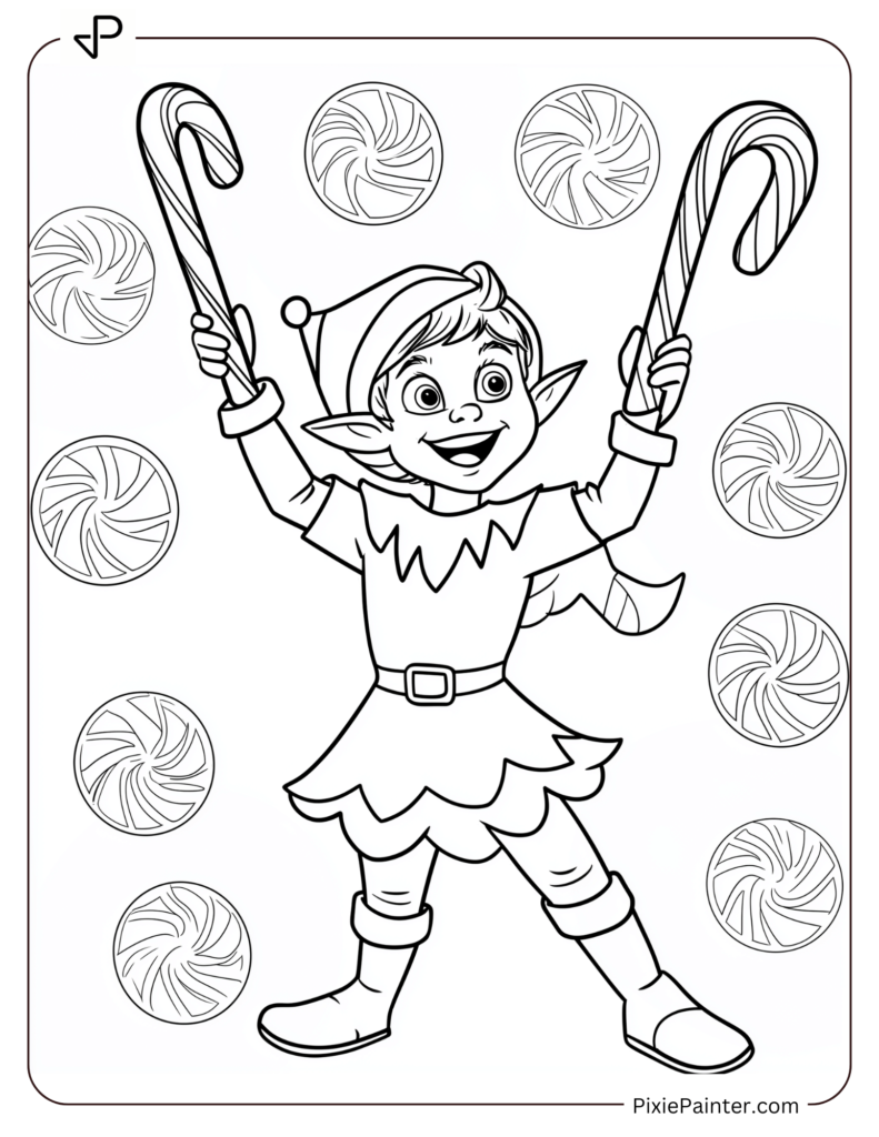 5. A Happy Christmas Elf Shuffling Candy Cane Christmas Coloring Pages