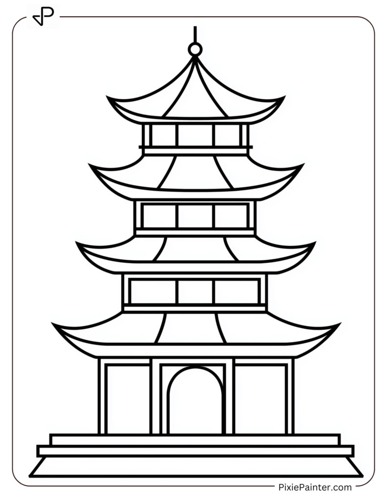 Chinese New Year Coloring Page Where A Pagoda Drawn With Clean And Minimalistic Lines