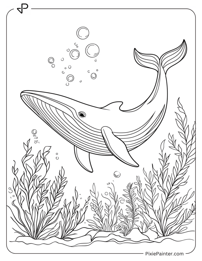 Coloring Page of A Simple Whale Silhouette Swimming In The Ocean With A Few Sea Plants Around