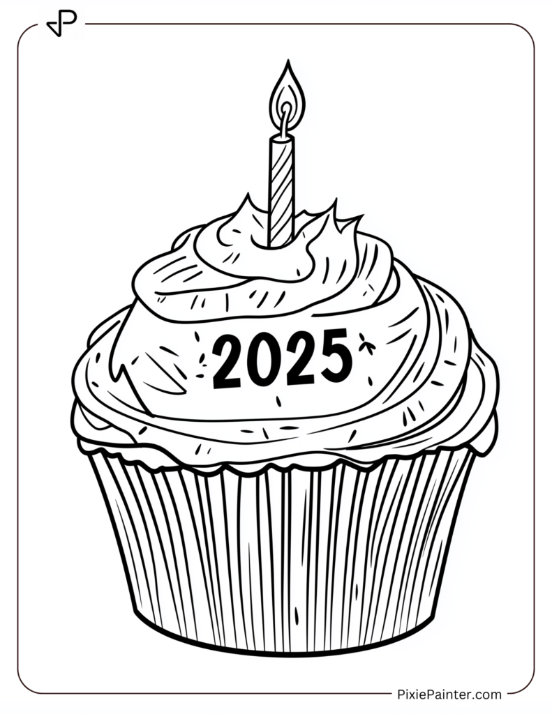 A Cupcake Topped With a Candle and 2025 Frosting