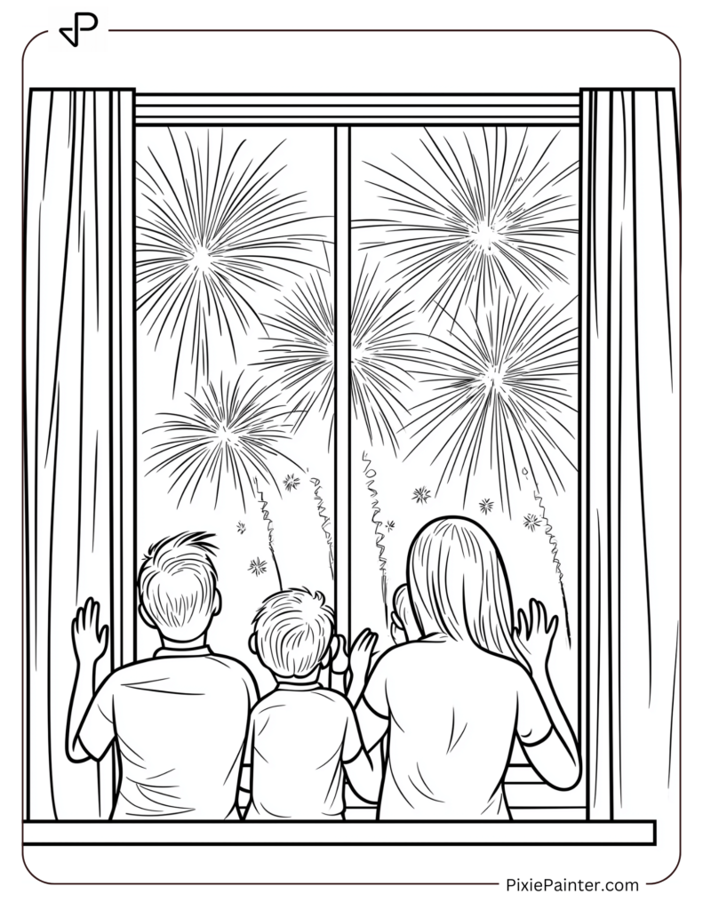 New Year's Eve Coloring Pages of Family gazing at fireworks through their window