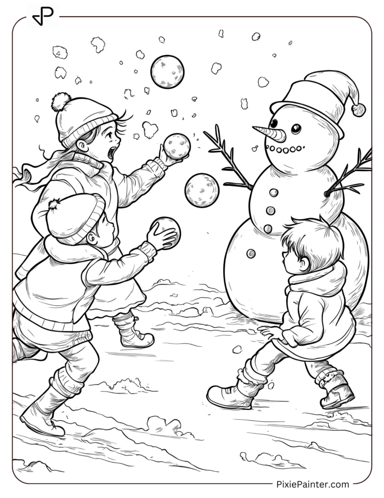 Kids having a snowball fight with a snowman acting as referee