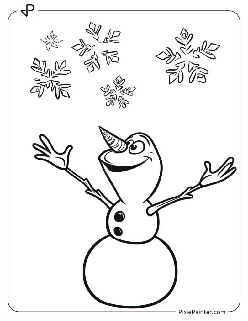 Winter Disney Coloring Page of Olaf with Arms Raised in a Winter Wonderland