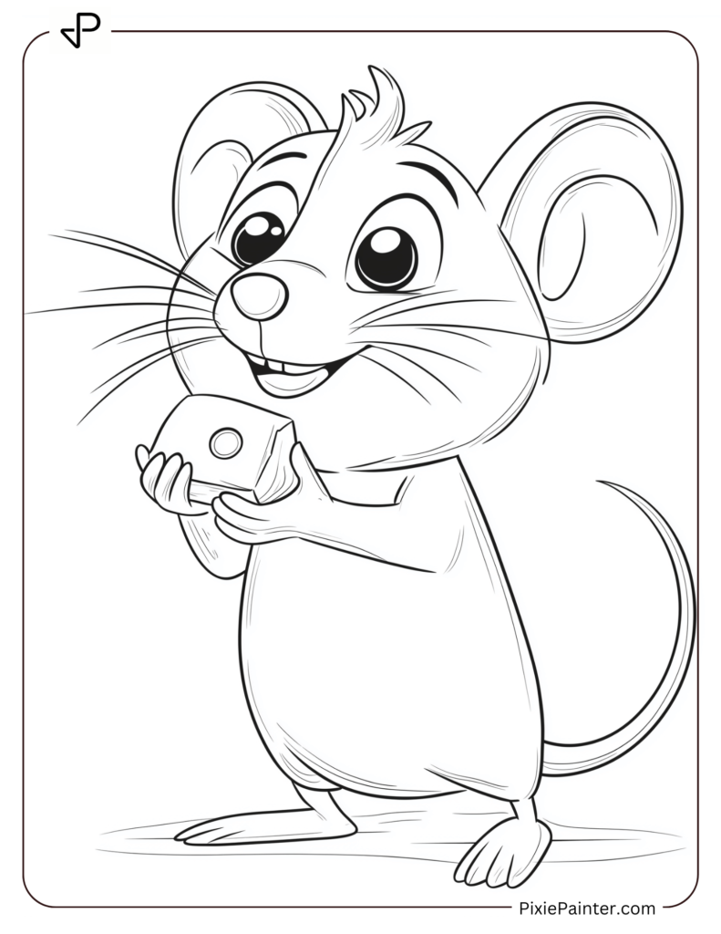 A cheerful mouse holding a small piece of cheese