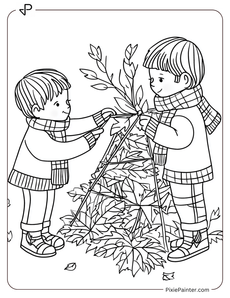 Two kids wearing scarves and mittens building a leaf fort