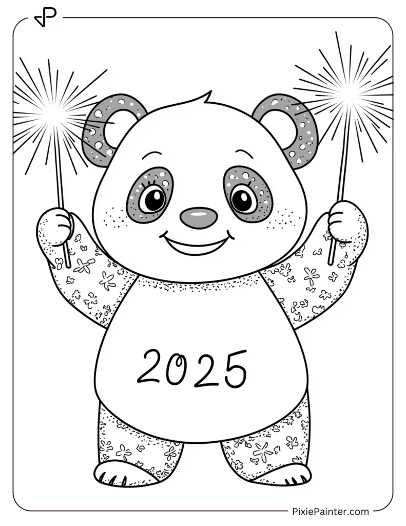 Cute New Year Coloring Pages With A Panda Holding Sparklers And 2025