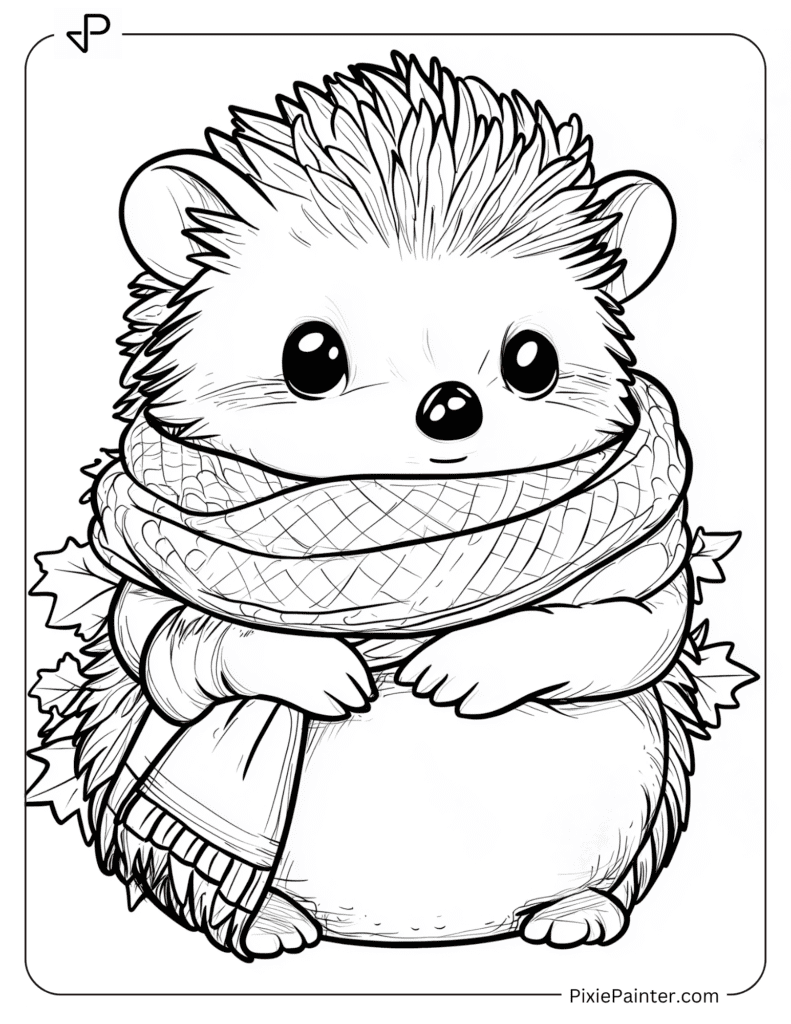 Winter Coloring Pages Where Sleepy Hedgehog Snuggled in a Scarf