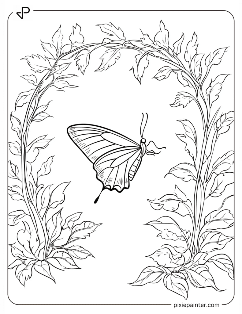 Coloring Page of A Butterfly Flying Through an Arch of Vines