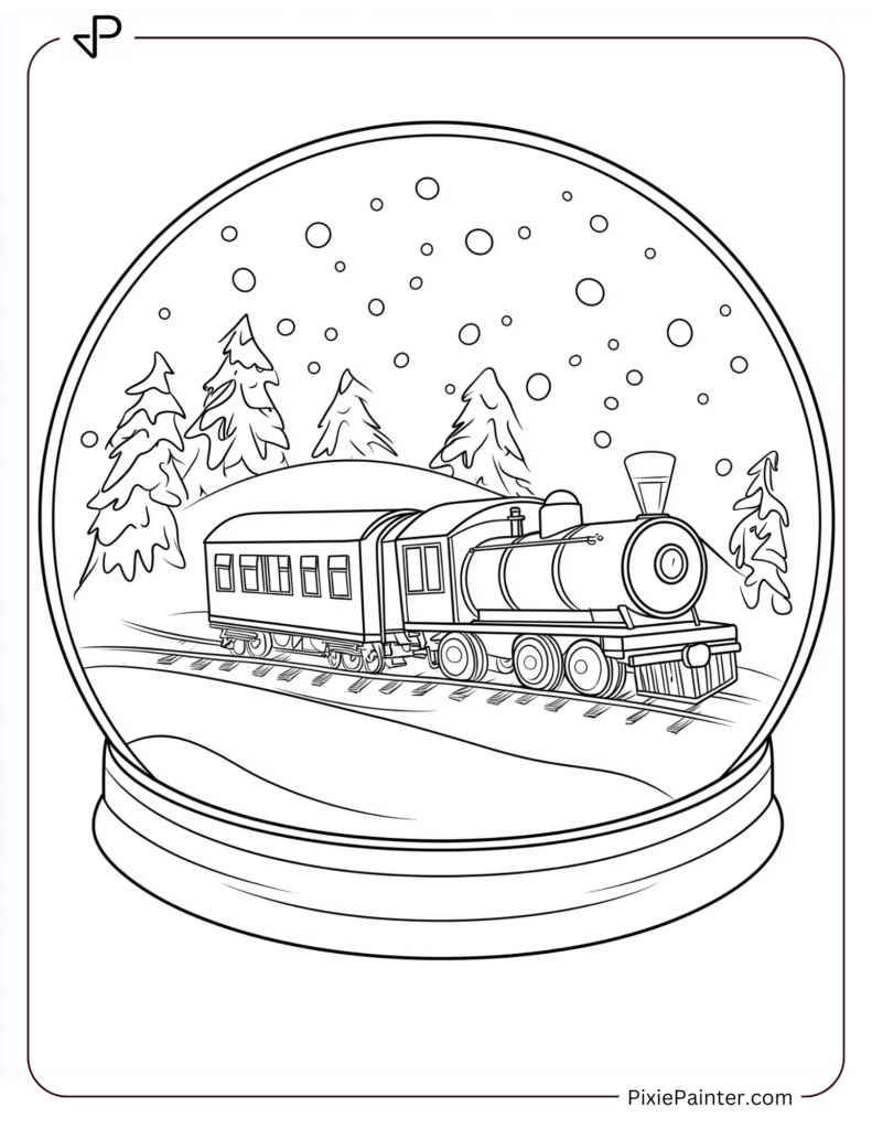 Coloring Page Where A Toy Train Winding Through A Snowy Village Inside A Snow Globe