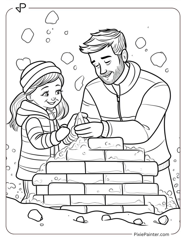 Winter Coloring Page for Adults of A father and daughter building a snow fort together