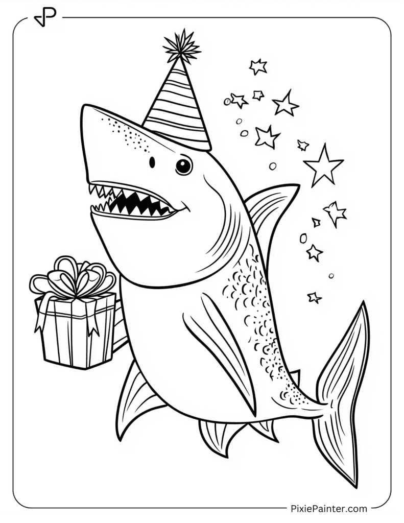 Coloring Page of A Shark Wearing a Birthday Hat and Holding a Gift