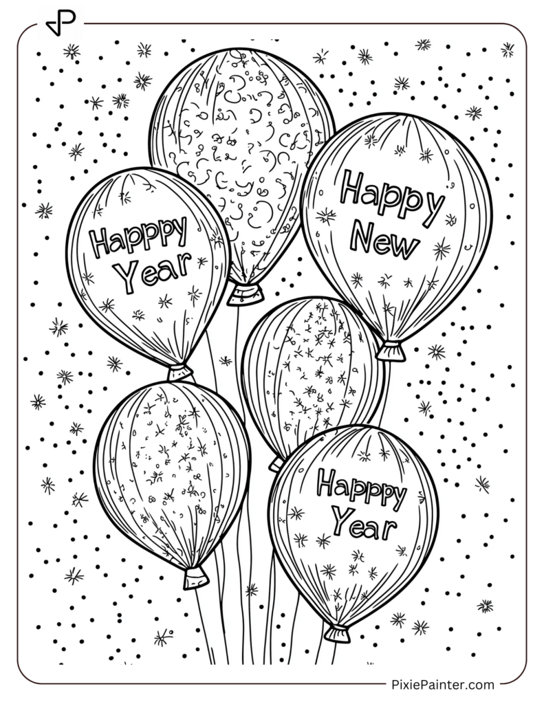 New Year's Eve Coloring Pages of Balloons rising with Happy New Year written on them