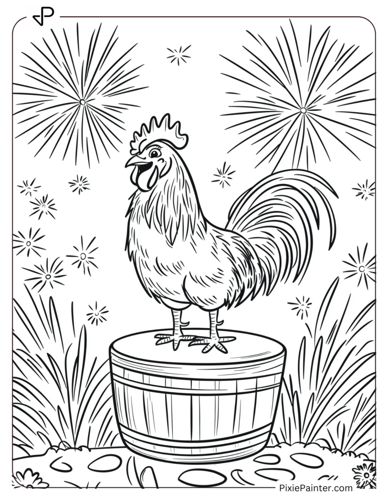 Lunar New Year Coloring Page of A Cheerful Rooster on a Drum With Fireworks