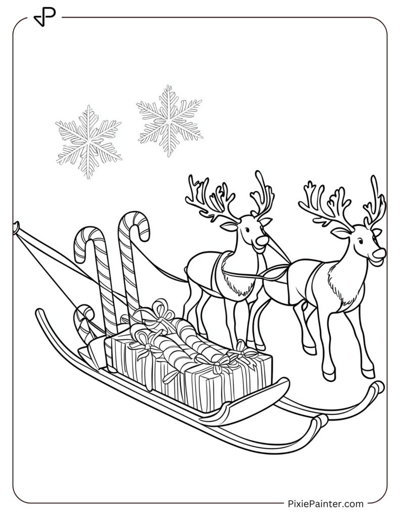 6. Cute Reindeers WIth Candy Cane in Sleigh Christmas Coloring Pages