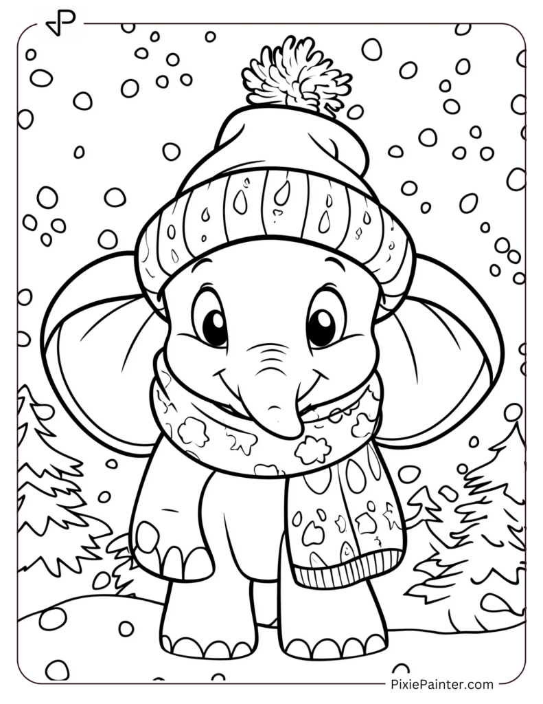 Winter Disney Coloring Page of Dumbo in a Winter Hat and Scarf, Surrounded by Snow