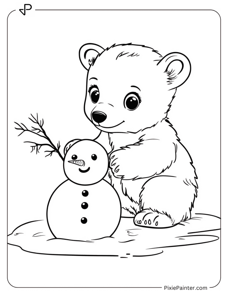 Winter Coloring Pages Where Baby Polar Bear Building a Snowman