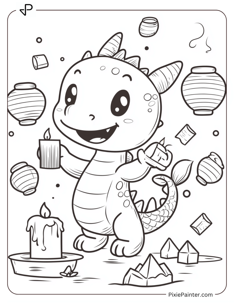 Cartoon Dragon Surrounded by Lanterns Lighting Another with a Candle