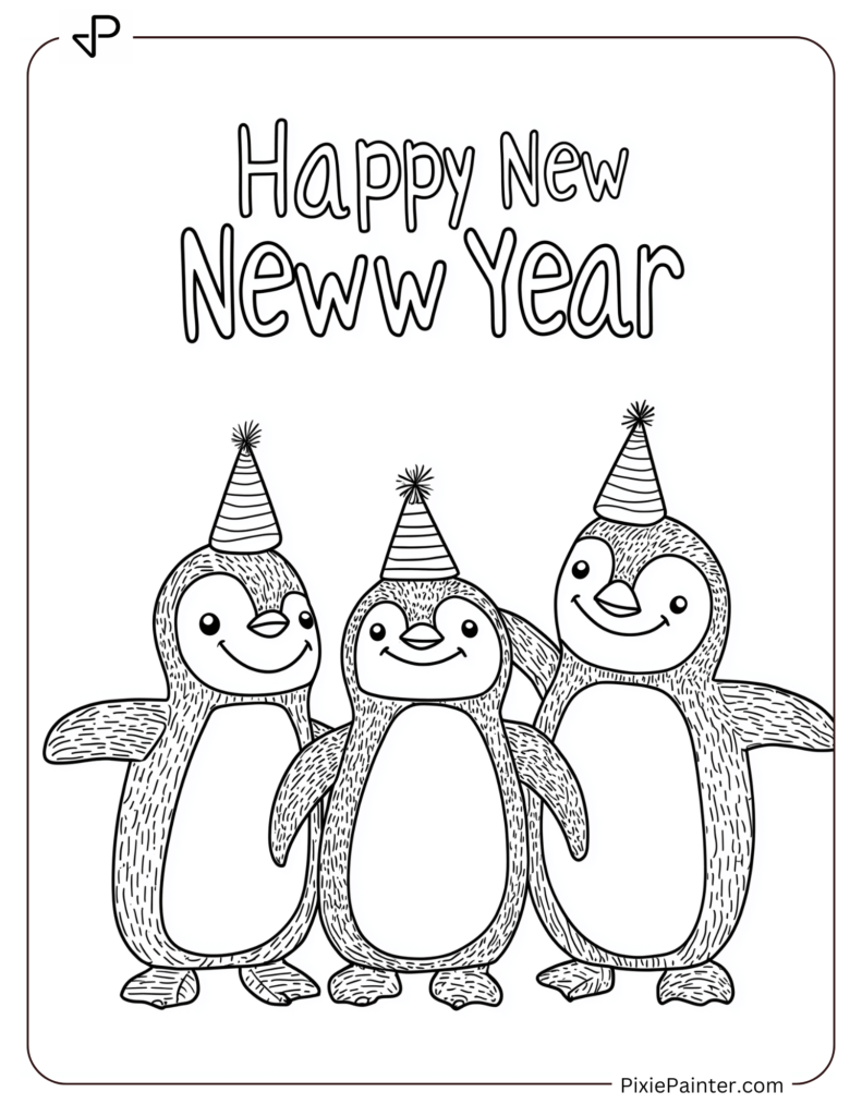 Cute New Year Coloring Pages Featuring Three Penguins Standing Together